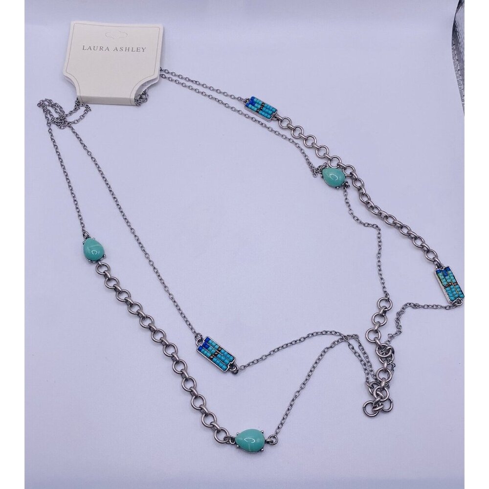 Laura Ashley Turquoise Double Strand Stationary Bead Necklace 32” New